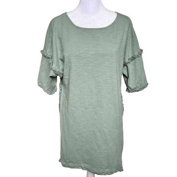 Umgee USA Frayed Detail Green Relaxed Fit Short Sleeve Cotton Tunic Top. Small. - Picture 3 of 9
